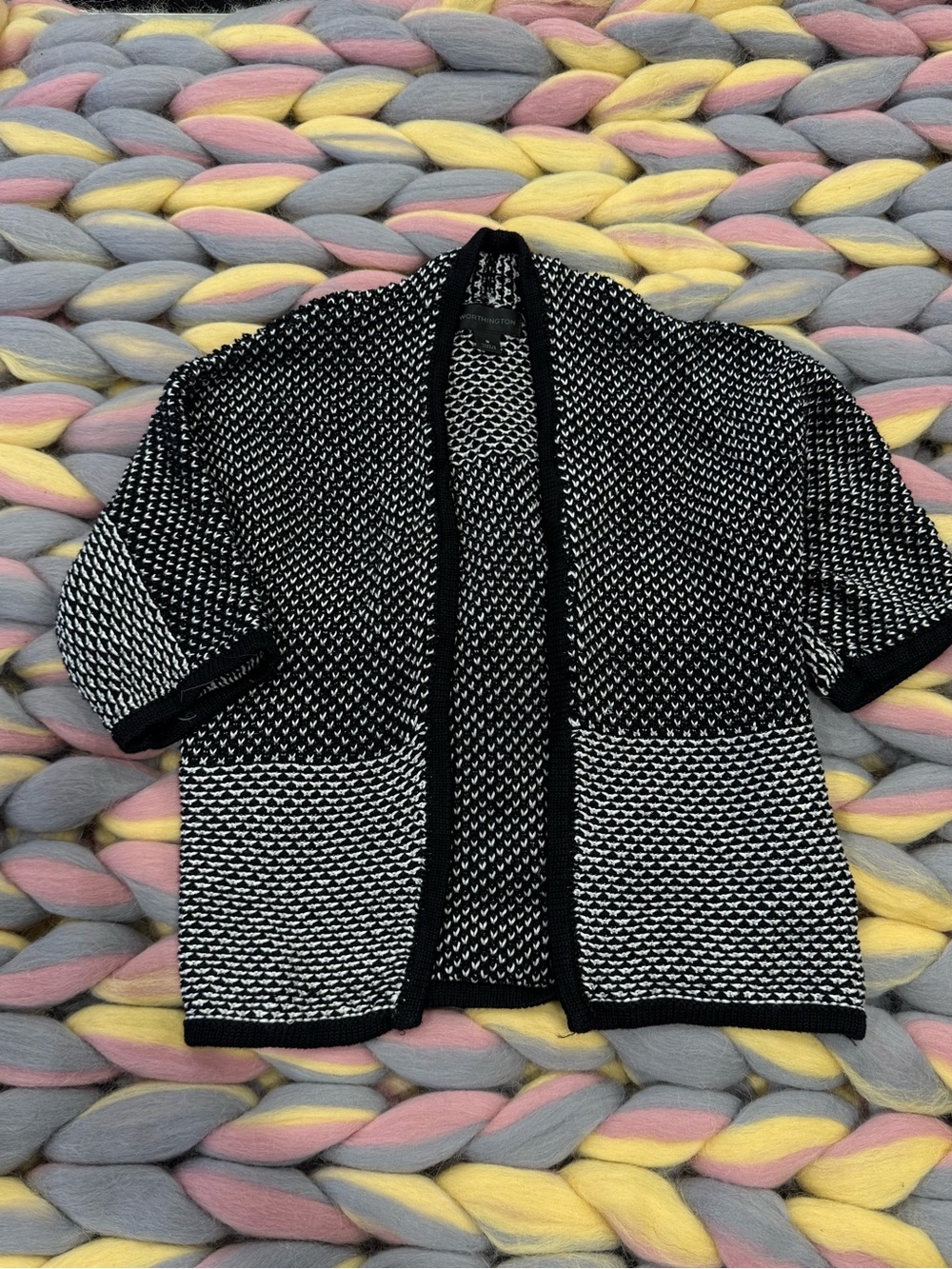 Black & White Open-Front Knit Sweater Cardigan